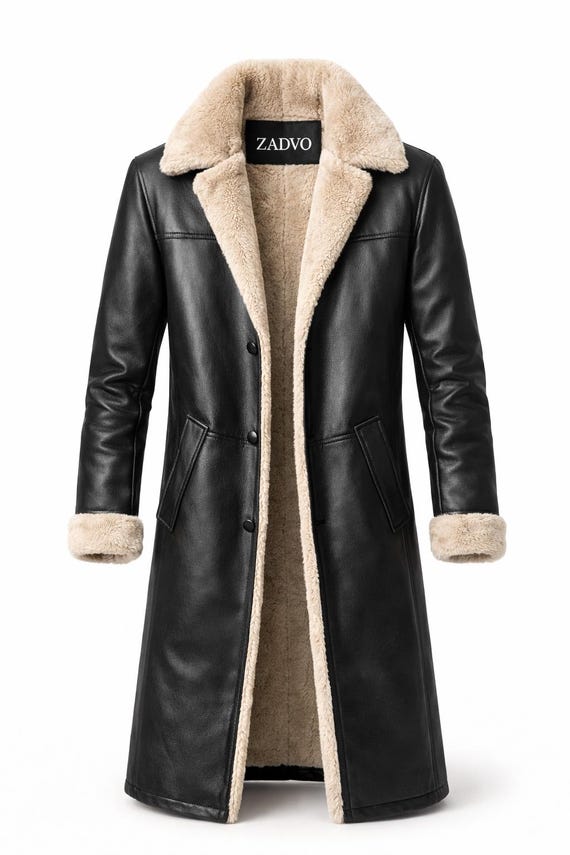 Men’s Black Leather Long Coat with Faux Fur Lining – Winter Warm Aviator Trench Jacket