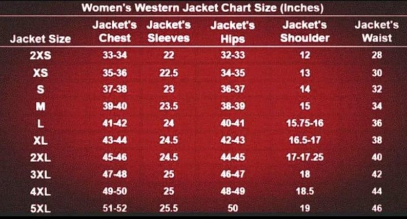 Może przedstawiać: Tabela rozmiar&oacute;w kurtek Western dla kobiet (cale) na czerwonym tle. Zawiera rozmiary od 2XS do 5XL, z pomiarami klatki piersiowej, rękaw&oacute;w, bioder, ramion i talii w calach.
