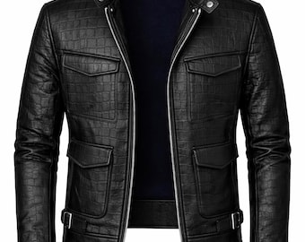 Men's Black Croc Embossed Leather Biker Jacket | Stand Collar Moto