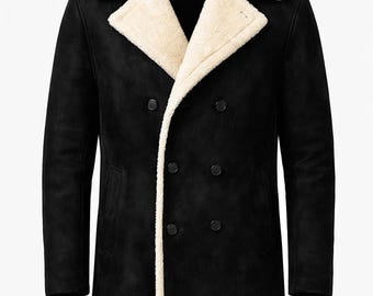 Men's Black Winter Coat | Faux Fur Collar, Double Breasted