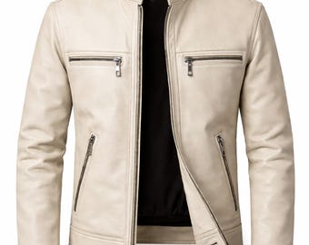 Giacca da uomo in vera pelle bianco crema di ZADVO – Stile moderno in vera pelle
