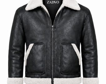 Giacca da aviatore in pelle nera da uomo / cappotto invernale con collo in pelliccia