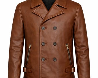 Herren Braun Echtleder Peacoat - Zweireihige Jacke