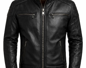 Men’s Black Genuine Leather Biker Jacket – Slim Fit Motorcycle Style