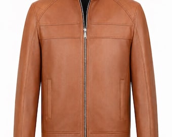 Giacca da motociclista in vera pelle marrone da uomo - Vestibilità slim invernale
