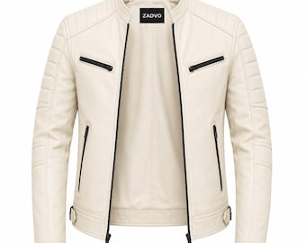 Giacca da uomo in pelle color crema / Giacca da motociclista stile biker / Giacca cafe racer in vera pelle / Giacca slim fit alla moda per uomo