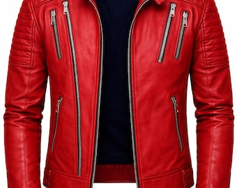 Handmade Red Leather Biker Jacket | Slim Fit Moto Jacket