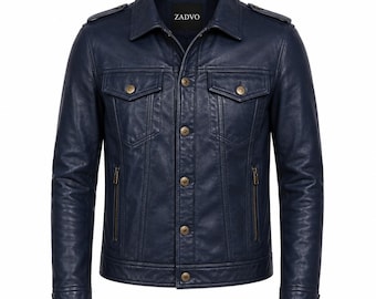 Men's Navy Blue Leather Trucker Jacket | Handmade Real Leather Jacket for Men | Classic Button Front Western Style Coat | Vintage Leather