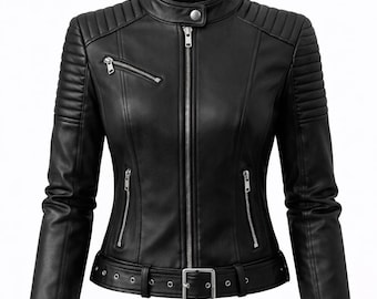 Giacca da motociclista in pelle nera da donna / Giacca da motociclista slim fit, spalle trapuntate