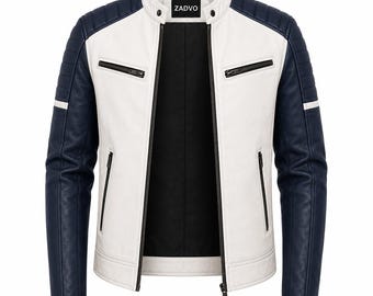 Giacca da motociclista Cafe Racer da uomo in pelle bianca e blu navy, vestibilità slim, con dettagli trapuntati sulle spalle.