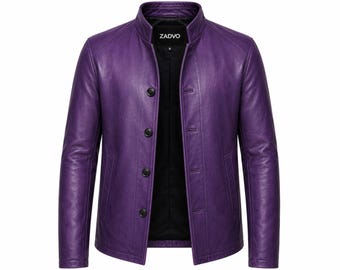 Men's Purple Genuine Leather Jacket – Stand Collar Button Front Biker Coat