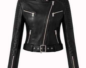 Giacca da motociclista in pelle nera da donna / Giacca da motociclista slim fit da donna