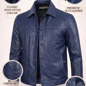 Men's Blue Leather Jacket – Classic Button-Front Style image 7