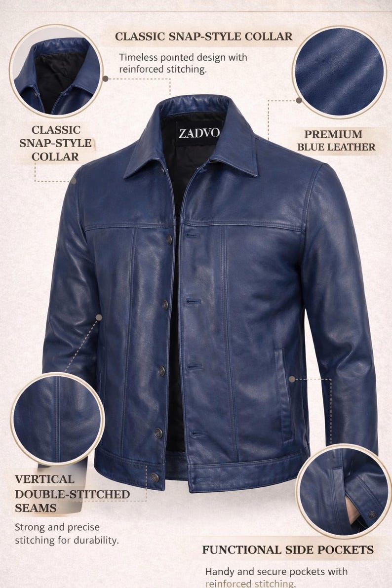 Men's Blue Leather Jacket – Classic Button-Front Style image 7
