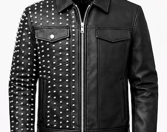 Giacca in pelle nera con borchie da uomo – Cappotto in vera pelle in stile motociclista punk rock
