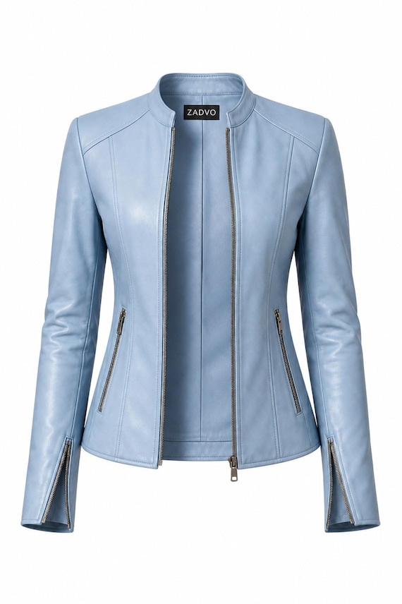 Light Blue Leather Jacket | Slim Fit Minimalist Cafe Racer Biker Style ZADVO
