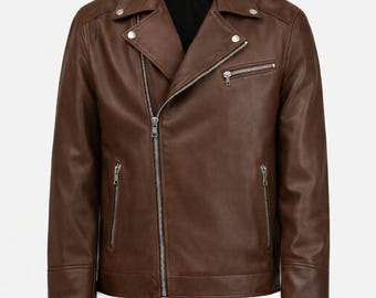 Mens Brown Leather Biker Jacket | Men's Slim Fit Motorcycle Rider