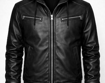 May include: Black leather jacket with a hood and a full-length zipper. The jacket has two zippered chest pockets and two side pockets. The cuffs and waistband are ribbed. The brand name "ZADVO" is printed on the hood.