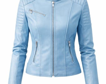 Giacca da motociclista in pelle azzurra da donna / Giacca da motociclista slim fit / Elegante cappotto da donna