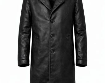Cappotto lungo da uomo in vera pelle nera - Collo in pelliccia, vestibilità slim