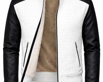 Handmade Croc Embossed Leather Biker Jacket | White & Black
