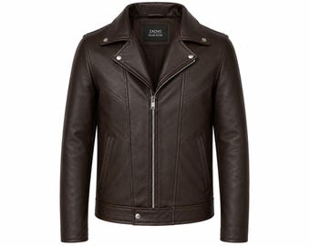 Giacca da motociclista da uomo in pelle marrone scuro / Stile classico moto cafe racer ZADVO
