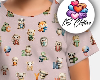 Uroczy T-shirt z motywem zwierzątek ABC, wykonany z bawełny, z okrągłym dekoltem dla dzieci