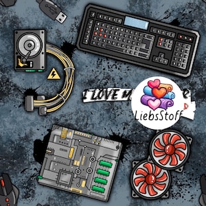 May include: A computer-themed pattern featuring a keyboard, hard drive, circuit board, and cooling fans. The design includes the text "I LOVE M" and a logo. The background is a mottled gray with black splatters.