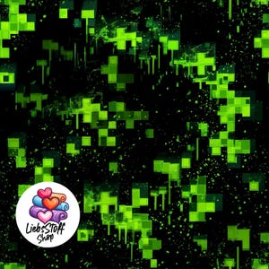 Könnte beinhalten: Schwarzer Stoff mit einem neon-grünen pixeligen Design. Das Muster umfasst Kreuzformen, Quadrate und Spritzer. Ein kreisförmiges Logo mit dem Text "LiebsStoff Shop" und bunten Herzen und Stoffrollen befindet sich unten links.