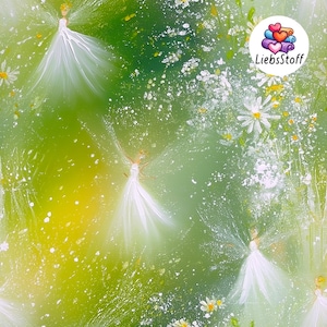 Può includere: Un dipinto astratto con più figure in abiti bianchi con le braccia tese, su uno sfondo verde e giallo. Fiori bianchi a forma di margherita e schizzi di vernice bianca sono sparsi in tutta l'opera d'arte. Il logo "LiebsStoff" si trova in alto a destra.