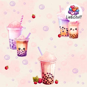 Może przedstawiać: Powtarzający się wzór kolorowych napojów bubble tea z truskawkami i bąbelkami na różowym tle. Kubki bubble tea są w odcieniach różu, fioletu i pomarańczy, z czarnymi perłami tapioki i słomkami. Obraz zawiera tekst "LiebsStoff".