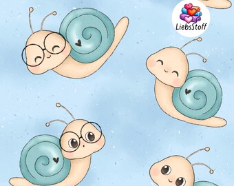 Tessuto biologico per bambini al metro, piccole lumache, blu, jersey per neonati, produzione interna esclusiva, french terry, mussola, cotone