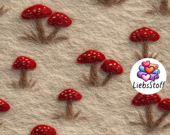 Tessuto biologico per bambini al metro, funghi in feltro, effetto 3D, tessuto jersey, produzione interna esclusiva, spugna francese, mussola, cotone, abbigliamento