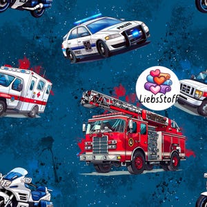 Könnte beinhalten: Ein Stoffmuster mit verschiedenen Einsatzfahrzeugen, darunter ein rotes Feuerwehrauto, ein weißer Krankenwagen, ein Polizeiauto und ein Motorrad, vor einem dunkelblauen Hintergrund mit Farbspritzereffekten. Das Design enthält den Text "LiebsStoff".