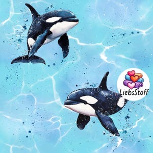Puede incluir: Ilustración en acuarela de dos orcas nadando en agua azul. Las orcas son negras y blancas, con salpicaduras de agua a su alrededor. El fondo es azul claro con reflejos blancos.