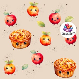 Könnte beinhalten: Ein sich wiederholendes Muster mit Cartoon-Äpfeln und Apfelkuchen mit lächelnden Gesichtern. Die Äpfel sind rot und orange mit grünen Blättern. Die Kuchen haben einen Gitterteig. Der Hintergrund ist hellbraun mit kleinen schwarzen Sternen.