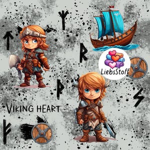 Könnte beinhalten: Digitales Muster mit Wikinger-Motiven. Es zeigt Cartoon-Wikingerfiguren, ein Langschiff mit blauen Segeln, Schilde und Wikinger-Runen. Der Text "Viking Heart" ist ebenfalls vorhanden.