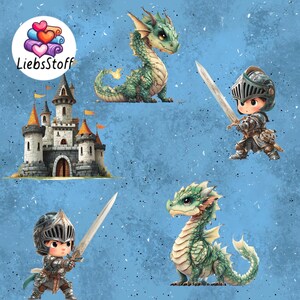 Könnte beinhalten: Eine fantasievolle Illustration auf blauem Hintergrund. Sie zeigt ein Schloss mit orangefarbenen und gelben Fahnen, zwei grüne Drachen und zwei Ritter mit Schwertern. Die Charaktere sind im Cartoon-Stil gehalten.