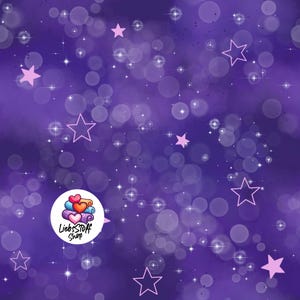 Könnte beinhalten: Ein violetter Hintergrund mit weißen Bokeh-Effekten und funkelnden Sternen. Das Bild zeigt ein Logo mit Herzen und Stoffrollen sowie den Text "LiebsStoff Shop".