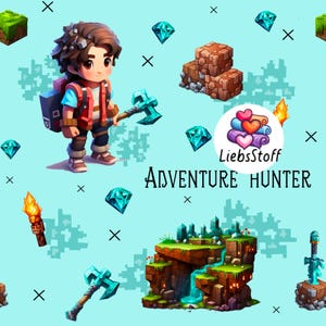 Könnte beinhalten: Digitale Illustration eines Abenteurers mit einer Axt, umgeben von pixeligen Elementen wie Edelsteinen, Blöcken und einem Wasserfall. Der Text "Adventure Hunter" ist auf hellblauem Hintergrund zu sehen.