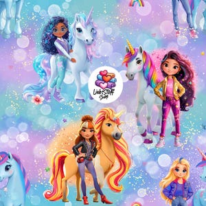 Könnte beinhalten: Ein farbenfrohes Stoffdesign mit Cartoon-Einhörnern mit Regenbogenmähnen und Mädchen in stilvollen Outfits. Der Hintergrund ist eine weiche Mischung aus Blau-, Lila- und Rosatönen mit funkelnden Akzenten. Der Stoff hat den Text "LiebsStoff Shop".