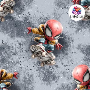 Könnte beinhalten: Ein sich wiederholendes Muster mit einer Cartoon-Figur von Spider-Man auf einem Skateboard vor einem grauen, strukturierten Hintergrund. Die Figur befindet sich in einer dynamischen Pose und trägt einen rot-schwarzen Anzug mit einer gelben Jacke. Das Skateboard hat ein schwarz-weißes Design.