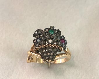14kt Solid Gold Basket Ring, Emerald, Ruby, Rose Cut Diamonds