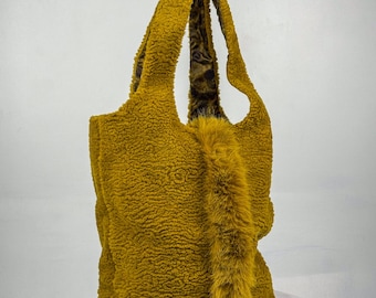 Handmade Slouchy Mustard Tote Bag, Faux Sheep Fur Shoulder Bag, Upcycled, Karakul, Inner Pocket