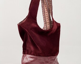 Handmade Slouchy Velour Tote Bag, Burgundy Leather Bottom Shoulder Bag, Upcycled, Inner Pocket