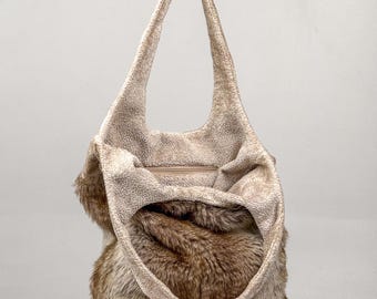 Handmade Faux Fur Tote Bag, Upcycled Fluffy Shoulder Bag, Durable Upholstery Lining, Inner Pocket