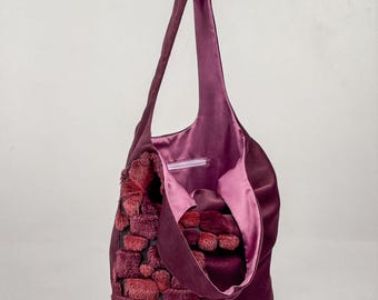 Handmade Slouchy Velvet Tote Bag, Unique Burgundy Shoulder Bag, Upcycled, Inner Pocket