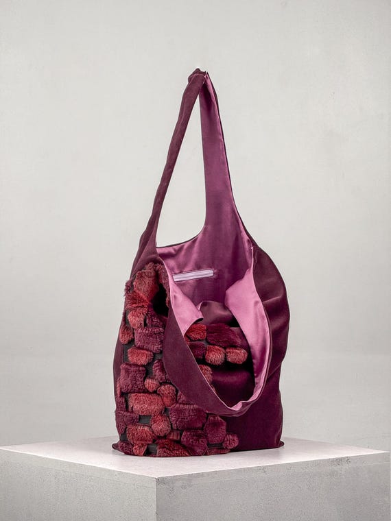 Handmade Slouchy Velvet Tote Bag, Unique Burgundy Shoulder Bag, Upcycled, Inner Pocket