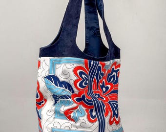 Handmade Slouchy Tote Bag, Navy Suede Strap Shoulder Bag, Porcelain Scarf Print, Floral Pattern, Upcycled, Inner Pockets