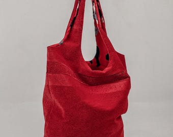 Handmade Slouchy Velvet-Like Tote Bag, Deep Red Shoulder Bag, Upcycled Floral Lining, Durable Upholstery